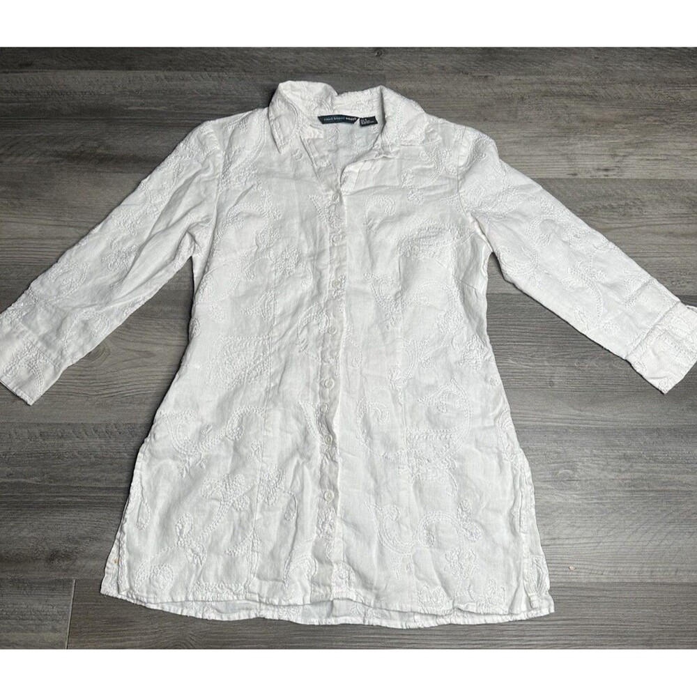 Saint Tropez West White Linen Embroidered Tunic Shirt Button Up Boho Women's S